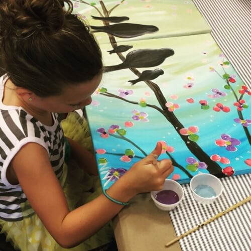 Girl painting mother bird canvas
