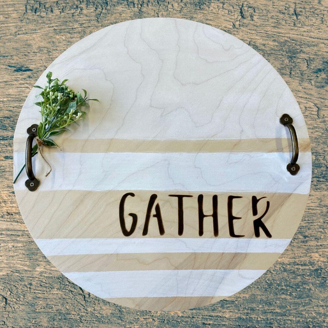 gather woodburned tray wood background