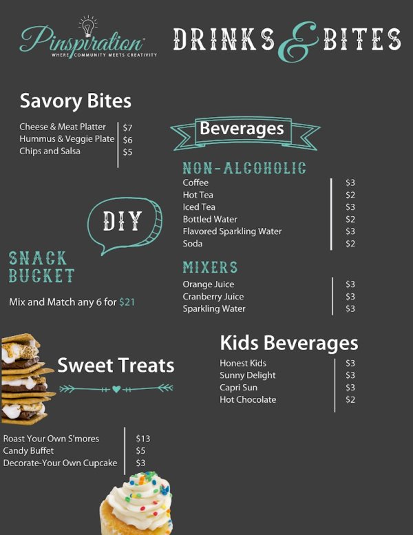 Pinspiration Southlake Menu Drinks, Wine, Beer, and Snacks