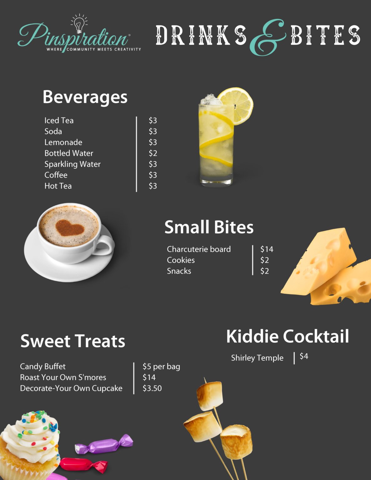 Pinspiration Randolph Menu Drinks and Snacks