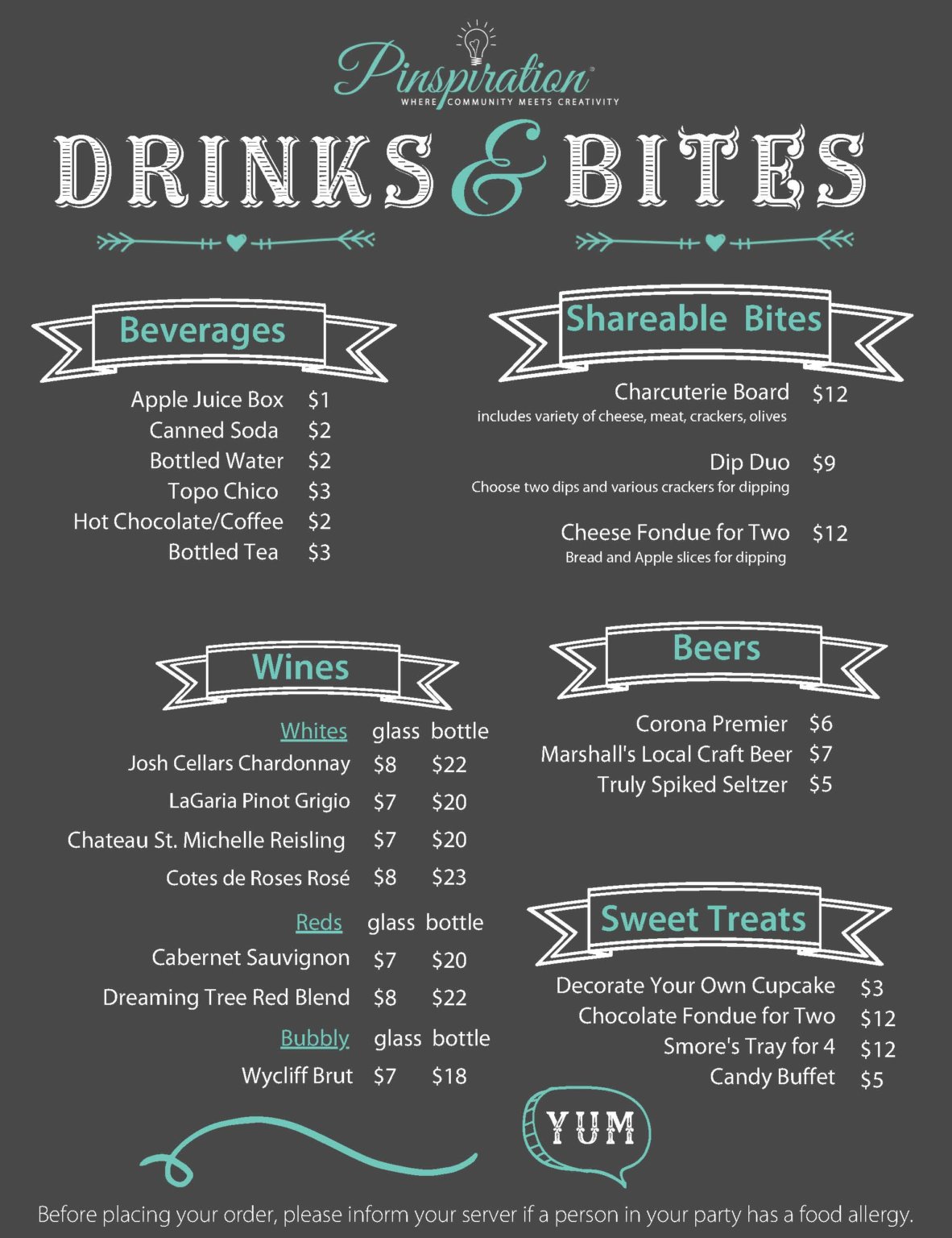 Tulsa Menu Drinks, Wine, Beer, and Snacks