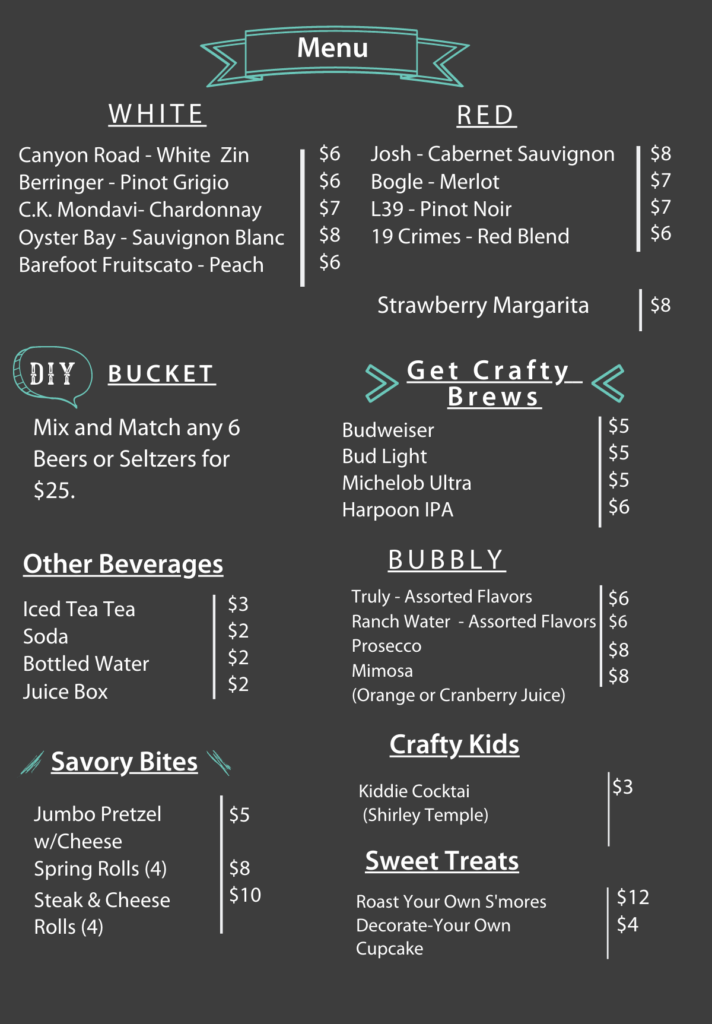 Pinspiration Easton Menu Drinks, Wine, Other Beverages, and Snacks