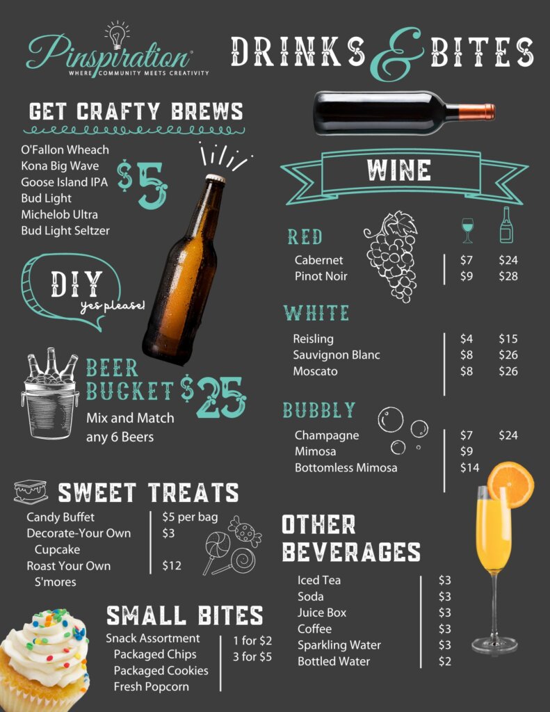 Pinspiration Chesterfield Menu Drinks, Wine, Beer, and Snacks