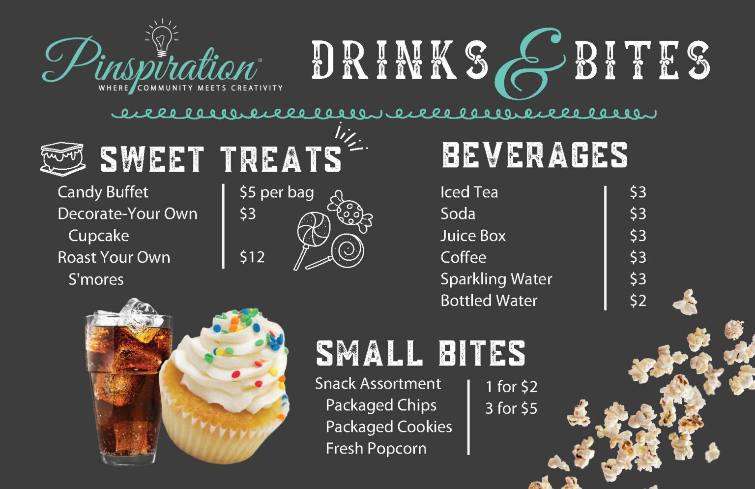 Pinspiration Chesterfield Menu Drinks, Wine, Beer, and Snacks