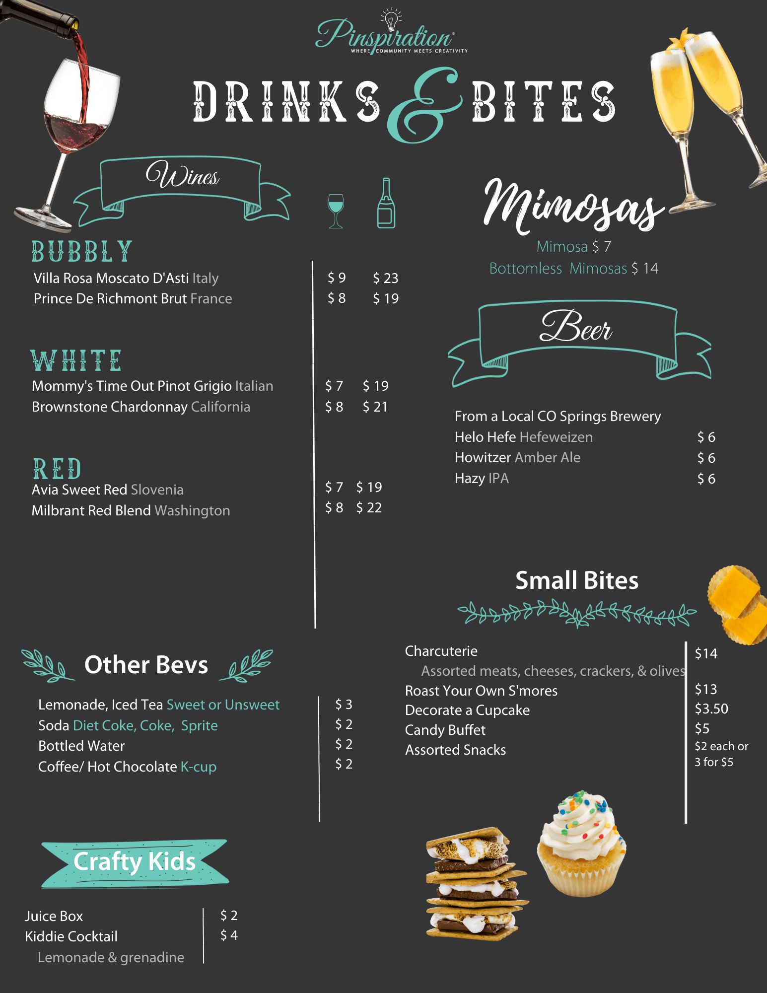 Pinspiration Colorado Springs Menu Drinks, Wine, Beer, and Snacks