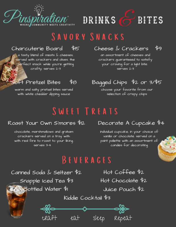 Pinspiration Bucks Mont Menu Drinks, Wine, Beer, and Snacks